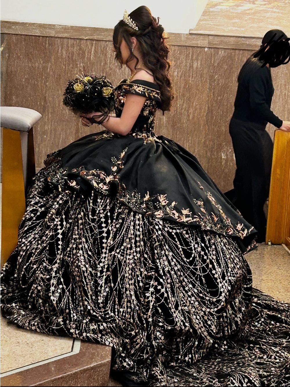 Black and Rose Gold Off-Shoulder Quinceañera dress